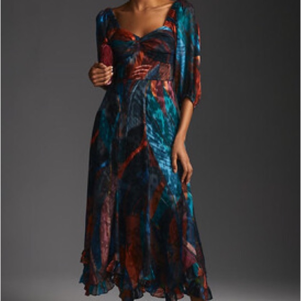 Hutch Twist-Front Puff Sleeve Ruffle Hem Multicolor Midi Dress by Anthropologie - Picture 3 of 8